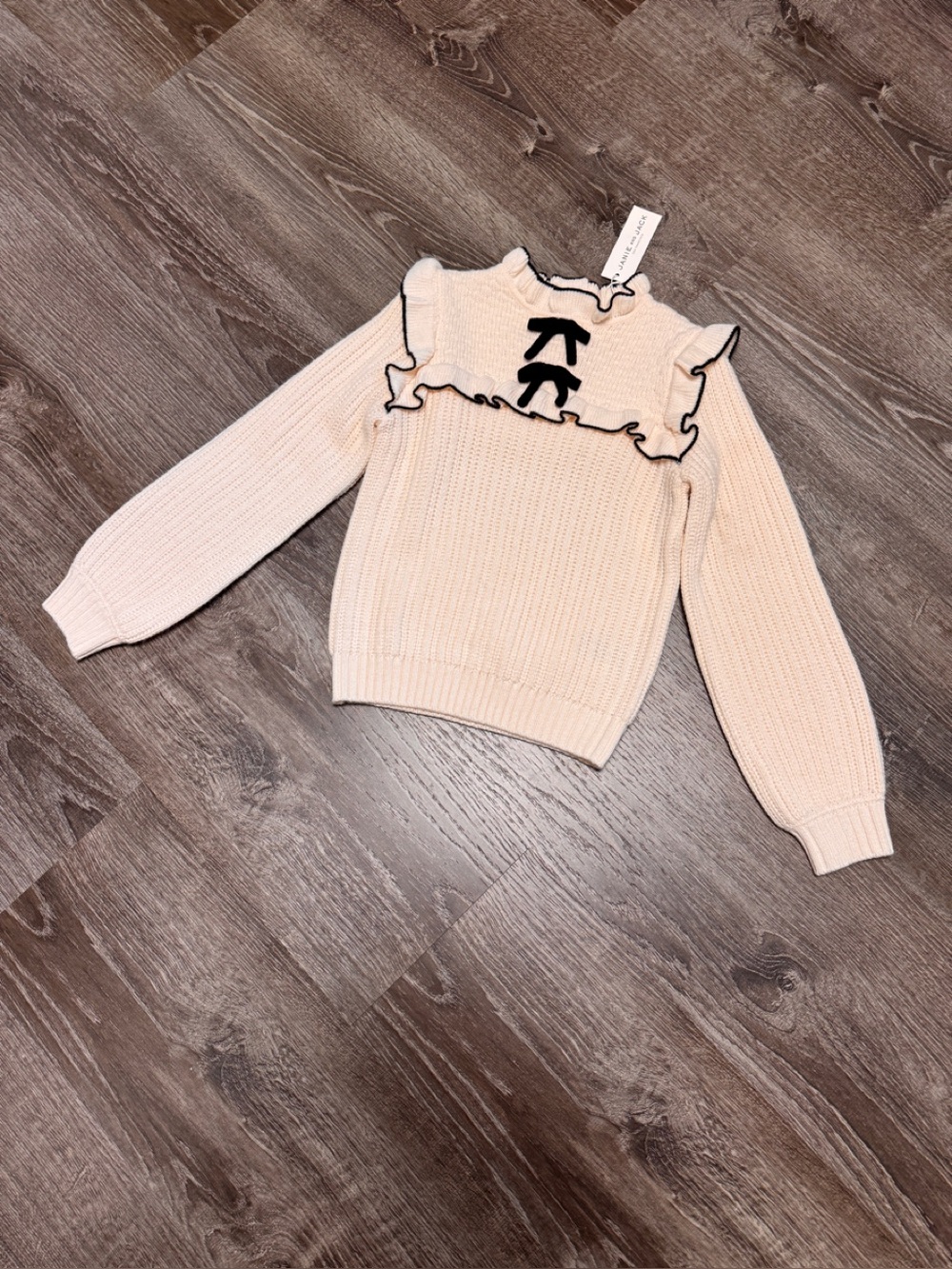 Janie and Jack Girl’s Textured Bow Sweater Cream Black Ruffle Classic  Sz 7. NWT